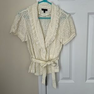 Last Kiss ivory lace button down top with belt